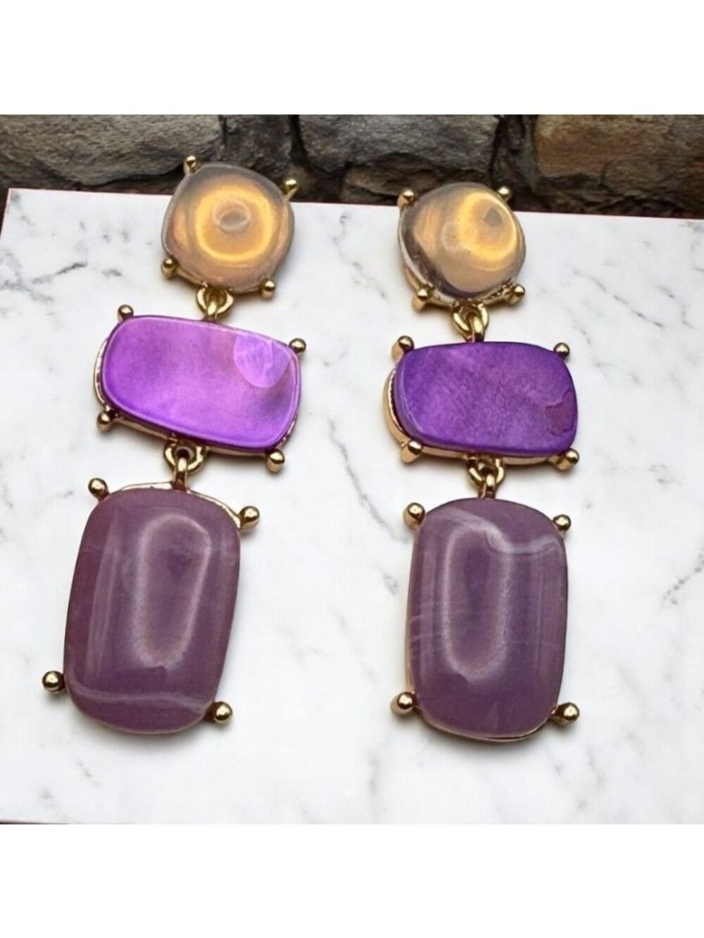 Purple Gold Tone Dangle Drop Earrings Geometric Three-Tier Faux Stones
